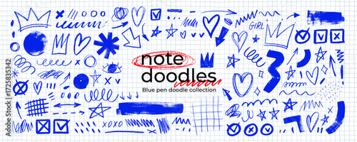 Blue hand drawn crayon doodles, scribbles and note elements. Hand drawn crayon or doodle vector design.