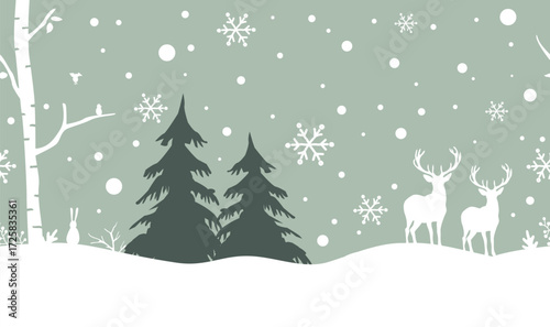 Winter Forest Seamless Border. Christmas Poster. Winter Woods with Deer, Hare, Birds, Trees, Snowflakes, Snow. White Silhouettes. Stencil. Vector Illustration in Green White Colors