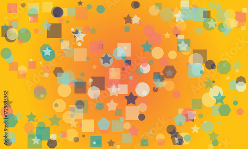 Scattered translucent geometric shapes and stars on an orange gradient background abstract