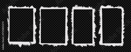 Grunge vintage photo frames with snow effect edges. Old blank overlay rectangle texture set with damaged effect borders.