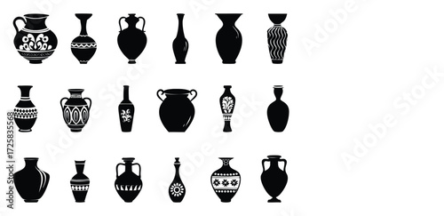 Collection of ancient greek and roman pottery silhouettes featuring diverse amphorae and vases with decorative patterns