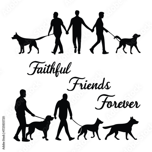 Silhouettes of people walking their dogs representing companionship and the enduring bond of faithful friends forever