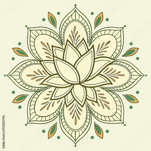 An intricate lotus flower mandala with delicate line work and soft earthy tones creates a calming and elegant design isolated on white background