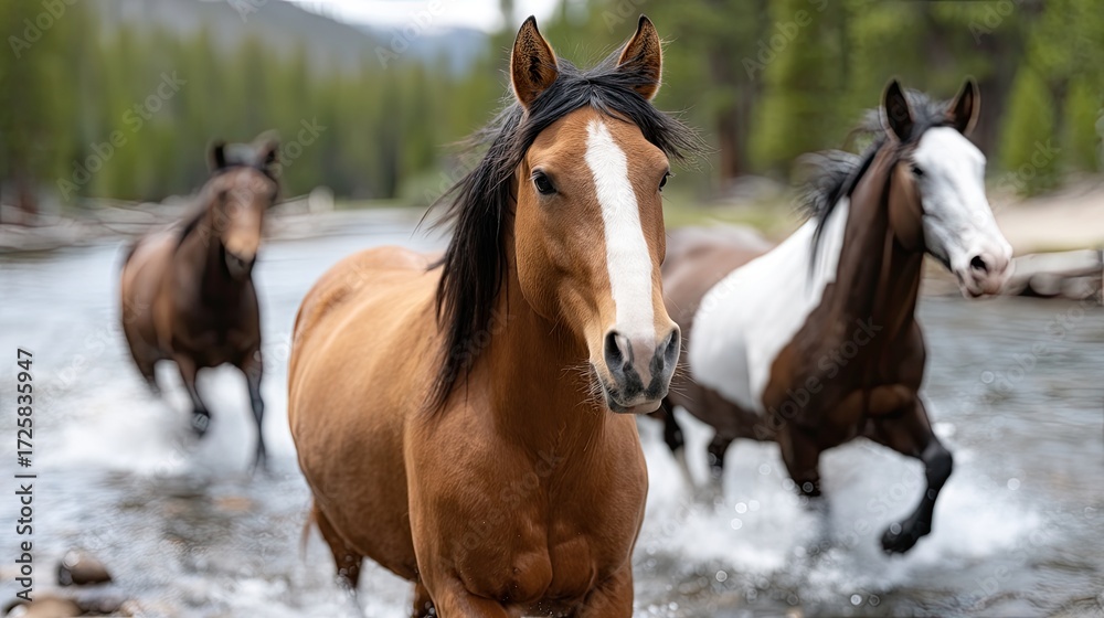 Obraz premium Three horses walk together in a river, with mountains and trees providing a picturesque backdrop during a sunny afternoon