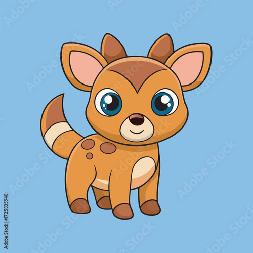Cute cartoon deer with brown spots sitting on a blue background in vector style