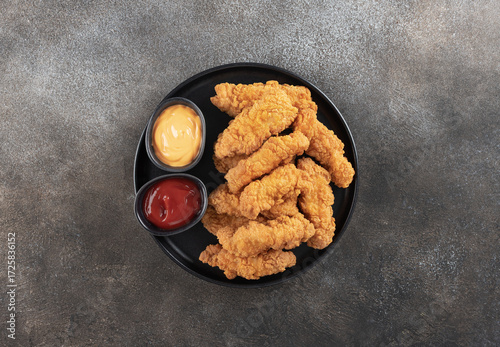 Crispy chicken breast strips with ketchup and cheese sause on a dark background. Top view. Fast food
