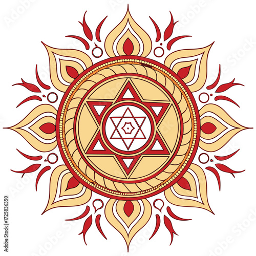 An ornate gold and red mandala featuring a star of david representing harmony and balance isolated on white background