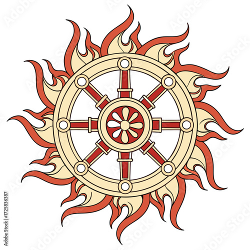 A vibrant dharma wheel surrounded by flames symbolizing buddhist teachings and enlightenment isolated on white background