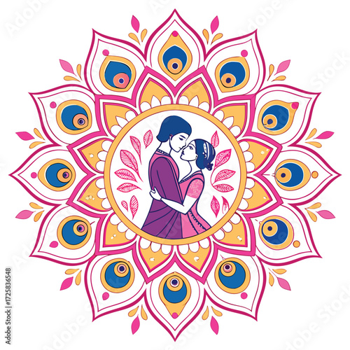 A colorful mandala with a couple embracing symbolizing love and connection isolated on white background