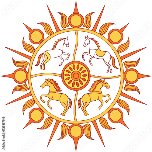 A captivating sun wheel mandala isolated on white background features stylized horses in warm hues of orange and yellow evoking ancient symbolism and energy