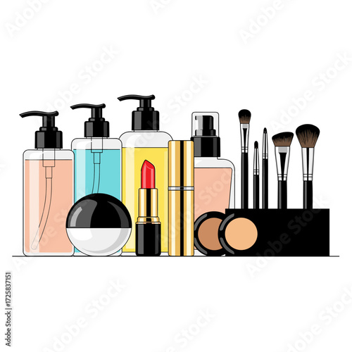 A variety of beauty and cosmetic products are neatly arranged on a white surface.