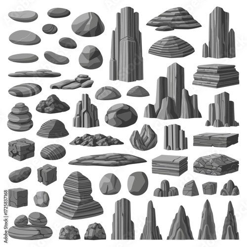 Collection of varied rock formations and stones used for natural scenery elements