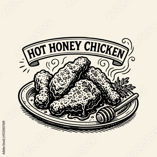 Vintage-style illustration of hot honey chicken on a platter.