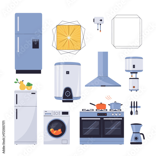 Collection of kitchen appliances and home utilities for modern living.
