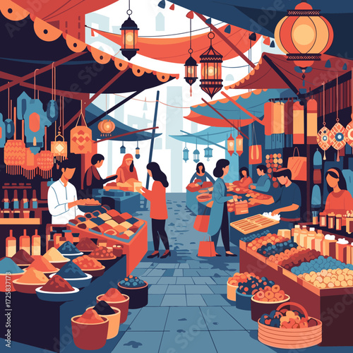 Vibrant marketplace scene filled with people browsing stalls under colorful awnings and lanterns.