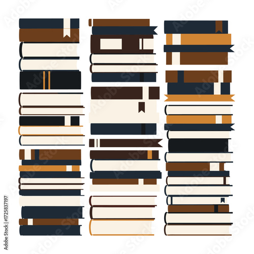 A vertical arrangement of three stacks of books with assorted spines.