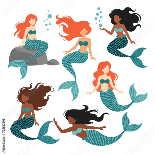 A collection of diverse mermaids with colorful hair and tails swim in sparkling water.