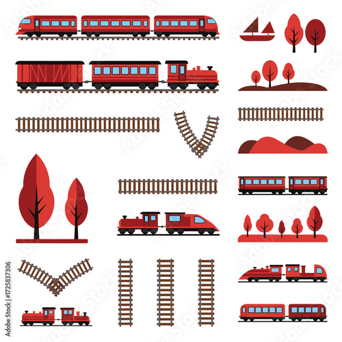 A collection of train elements and railway tracks for transportation and travel graphics.