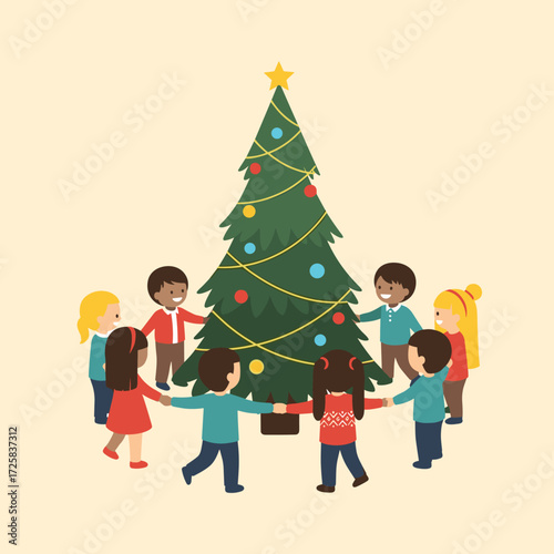 Children holding hands around a decorated Christmas tree in a circle singing carols together celebrating winter holidays.