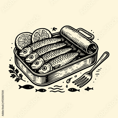 Illustration of sardines in an open tin can, garnished with lemon slices and parsley, accompanied by a fork.