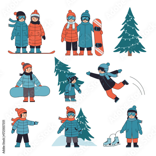Children enjoying winter activities in the snow with trees and snowboarding.