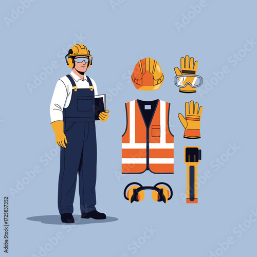 A collection of safety equipment and personal protective gear for construction workers.