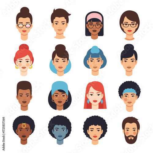 A diverse collection of stylized faces representing various ethnicities genders and hairstyles.