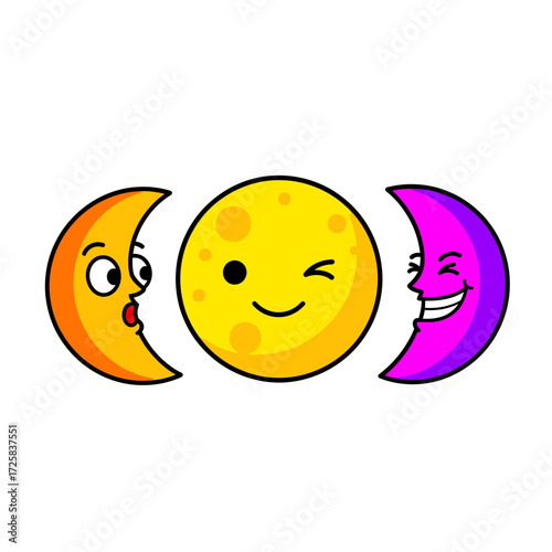 Cartoon Celestial Trio Surprised Crescent Winking Sun and Grinning Magenta Moon