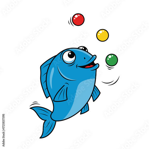 Cartoon Blue Fish Juggling Red Yellow and Green Balls with a Cheerful Expression