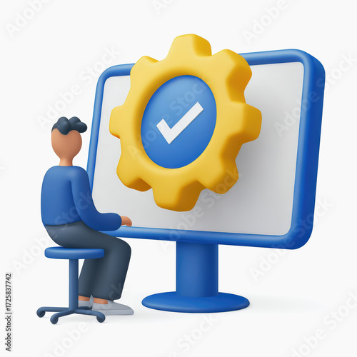 User sitting on chair in front of computer monitor with large yellow gear and check mark, symbolizing successful system setup