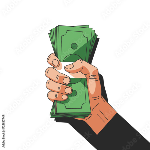 A Hand Holding a Stack of Green US Dollars in a Bold Illustration Style