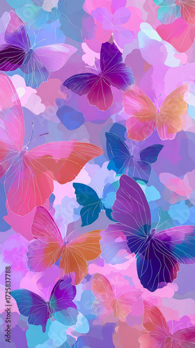 Vertical butterfly garden outlines pastel fog elegant, delicate butterflies float in dreamy, colorful abstract background, evoking calm joy
