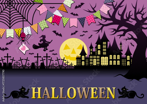 ハロウィンのイラスト背景用デザイン「蜘蛛の巣ガーランドと洋館と墓地の見える夜景」コピースペース
（Halloween illustration background design "Night view of spider web garland, Western-style house, and cemetery" copy space.）