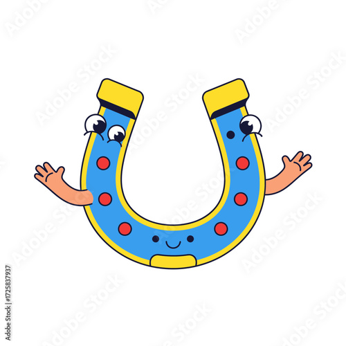 Cartoon Horseshoe Character with Googly Eyes Arms and Red Dots