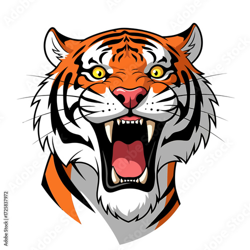 Roaring Tiger Head with Sharp Teeth and Intense Yellow Eyes Illustration