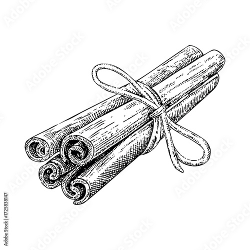 Bundle of cinnamon sticks illustration in retro sketch