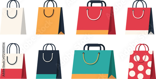 Colorful shopping bag collection with various handle styles, retail packaging design, modern branding elements, and stylish reusable tote illustration set