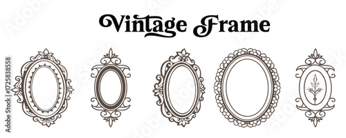 Collection of five ornate vintage oval frames with decorative elements and flourishes in an elegant antique style