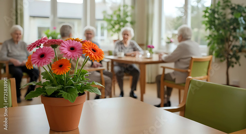 Colorful flowers in pot, assisted living community common area background with engaged residents interact in warm space - senior activity, social interaction, care, and joyful togetherness