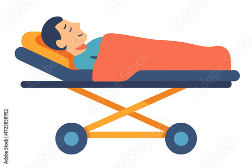 Patient lying on stretcher with blanket in medical environment person on gurney