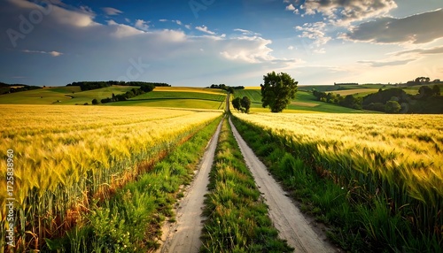 Scenic dirt path through golden fields under bright sky with scattered clouds