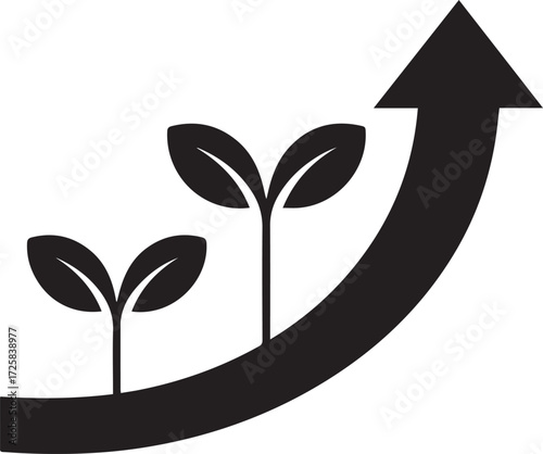 Growing seedlings ascend upwards on curved arrow symbolizing growth success and progress