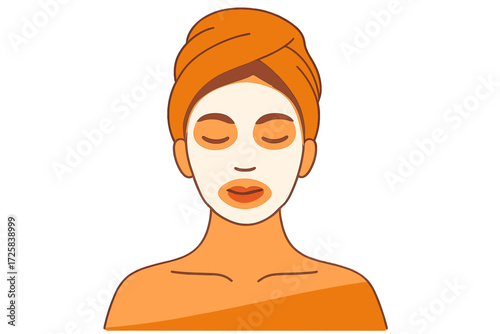 Woman with orange headwrap relaxing with facial mask woman with sheet mask
