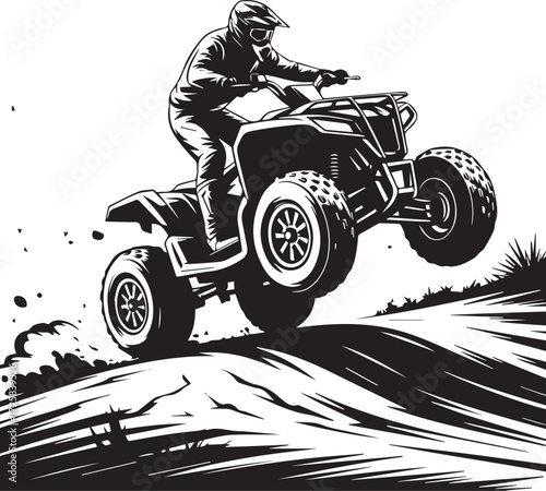 Dynamic quad bike rider leaping over dirt dunes captures extreme sports thrill
