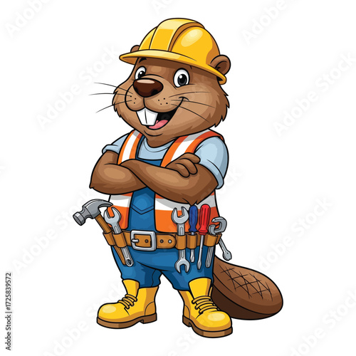 Friendly cartoon beaver construction worker character wearing hard hat and tools belt with arms crossed