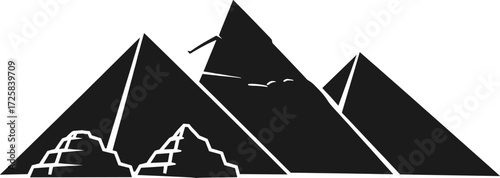 Stylized illustration of Egyptian pyramids including Giza structures, ancient architecture, desert silhouette, and historical landmark vector for cultural heritage