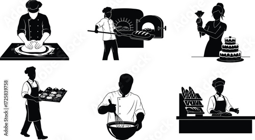 Bakery workers, bread making, cake decorating, pastry chef, bakery shop, baking bread, dough kneading, oven baking, professional baker, food 