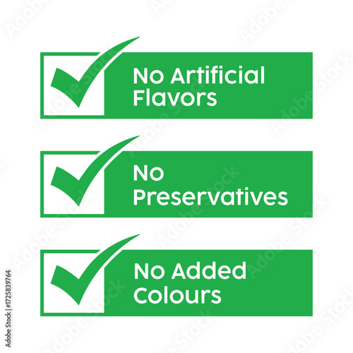 Three vibrant green square labels with white checkmarks and bold “NO” text above “Artificial Flavors,” “Added Preservatives,” or “Added Colors.” Clean, modern design on white background.