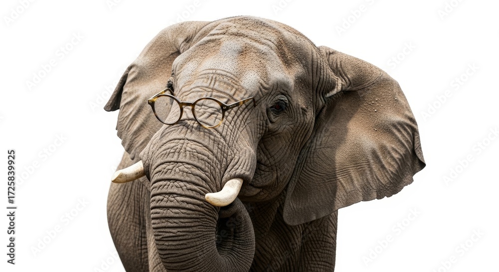 Fototapeta premium elephant wearing glasses, spectacles eyewear, on a solid white background 