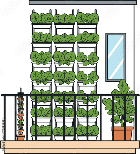 Urban Balcony Garden with Vertical Planters, Tiered Pots, Leafy Greens, Small Space Gardening, Apartment-Friendly Setup, Compact Outdoor Greenery